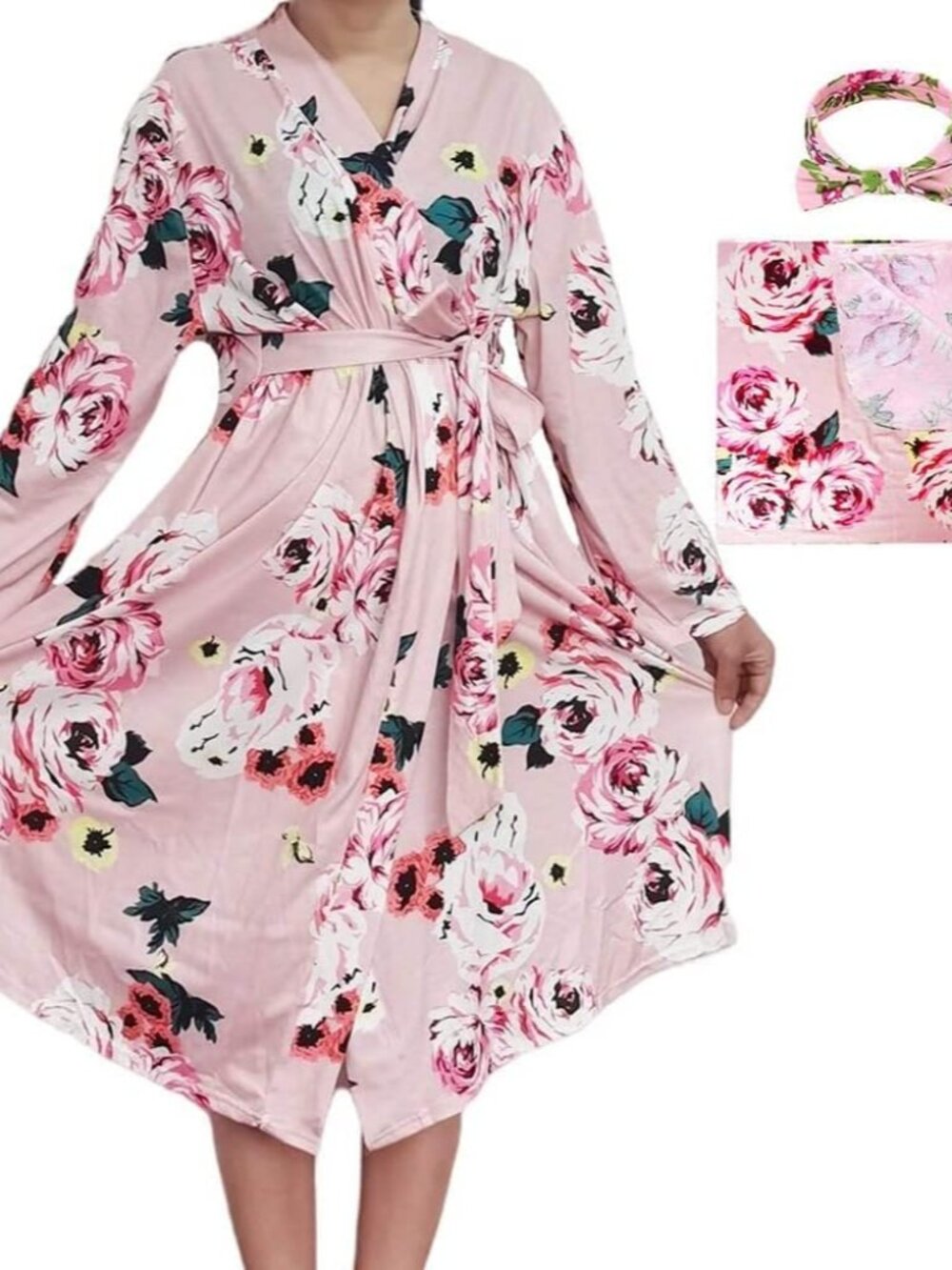Maternity Robe and Matching Baby Swaddle Blanket Set, Mommy Robe with Receiving